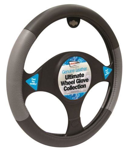 Universal Fit Black & Grey Genuine Leather Steering Wheel Cover Glove 37cm SWWG10