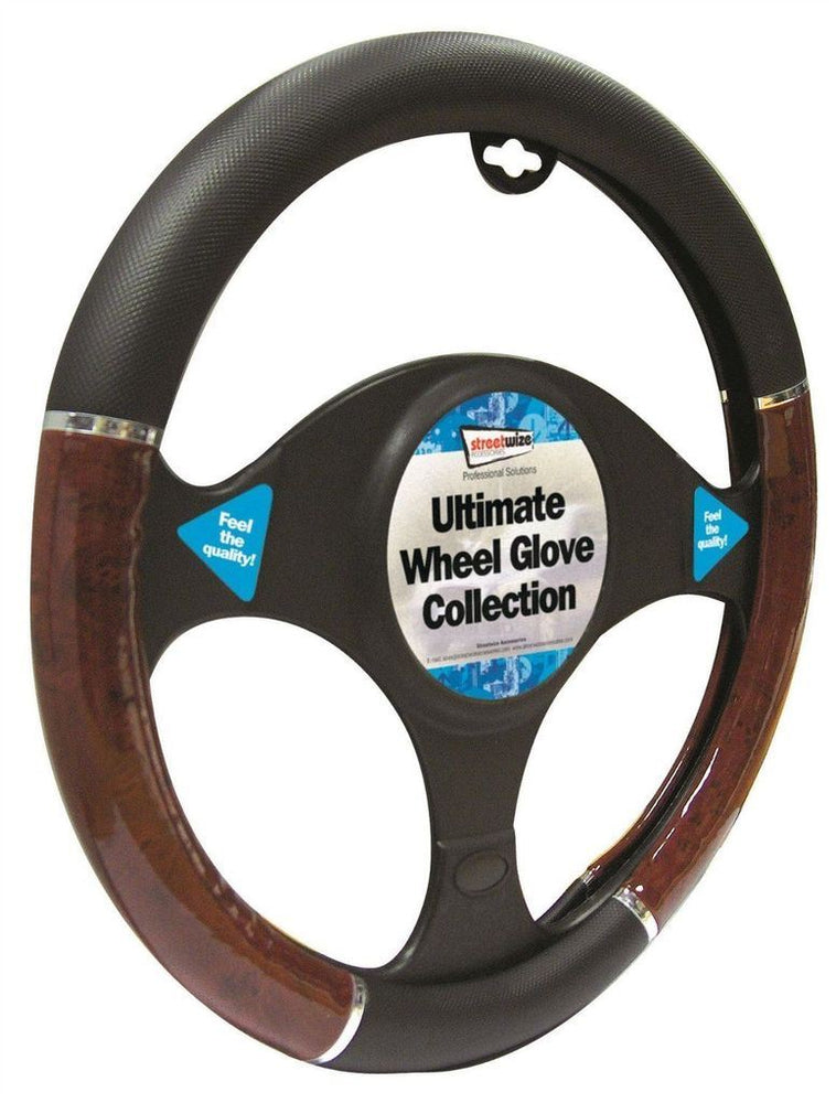 Universal Fit Black & Walnut Steering Wheel Cover Glove 37cm SWWG1