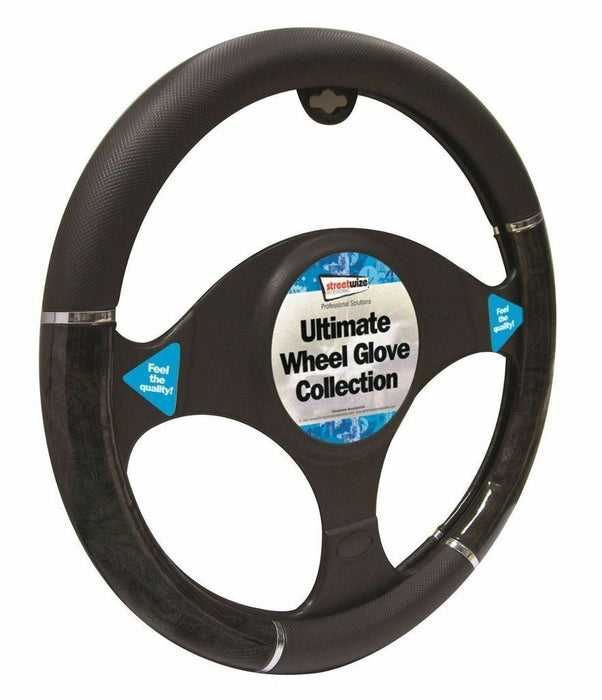 Universal Fit Black & Grey Metallic Steering Wheel Cover Glove 37cm SWWG2