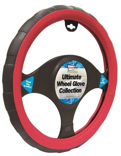 Universal Fit Black & Red Sports Grip Steering Wheel Cover Glove 37cm SWWG6
