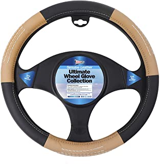 Universal Fit Black & Beige Genuine Leather Steering Wheel Cover Glove 37cm SWWG9