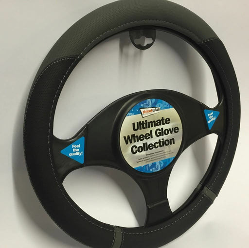 Universal Fit Black & Grey Steering Wheel Cover Glove 37cm SWWG16
